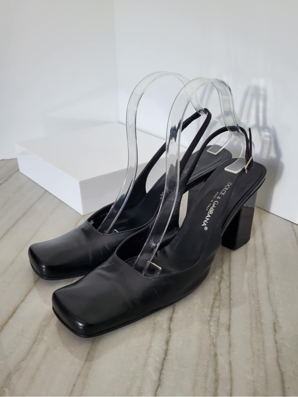 Dolce & Gabbana Black Square Toe Sling-Back Block Heel Pumps